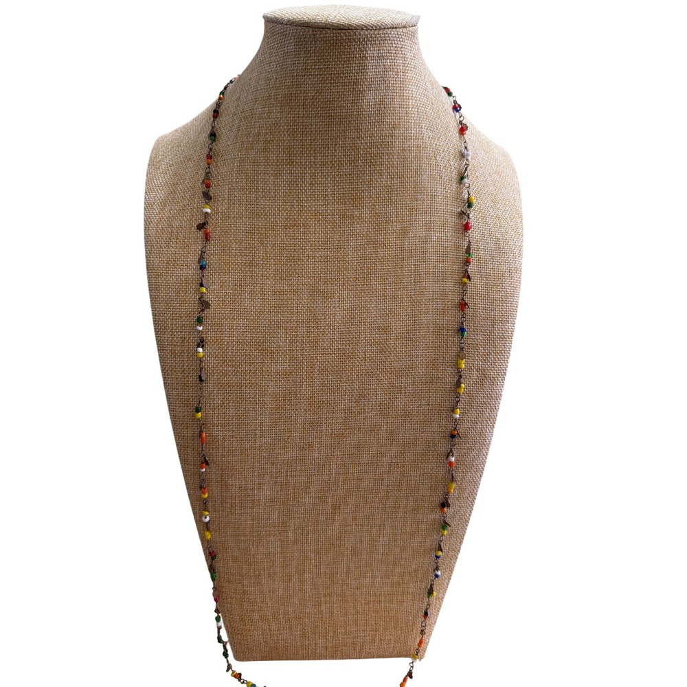 Vintage Style Boho Multi Color Seed Bead Long Necklace Layering Earthy Eclectic